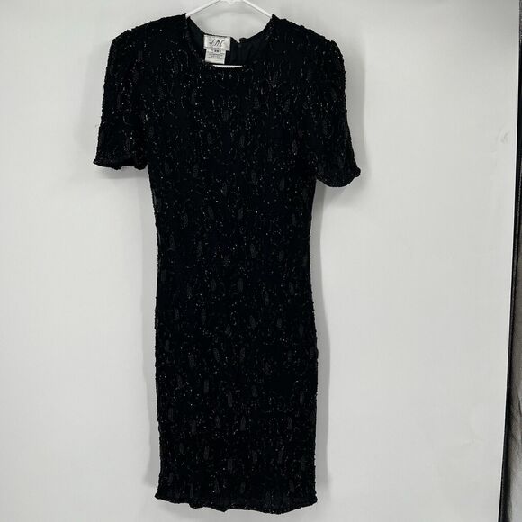 VTG JMC Petite Silk Black Beaded Evening Cocktail Dress Elegant Sexy Cruise Gown - Picture 1 of 10